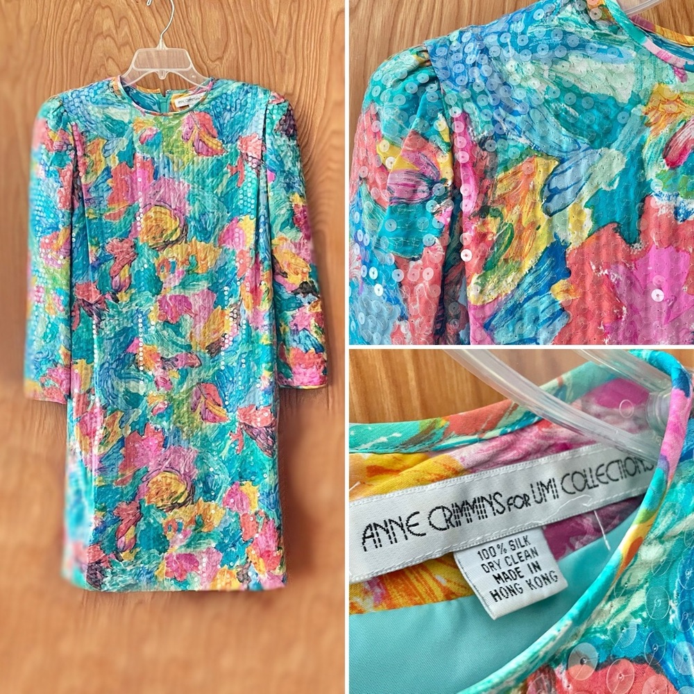 Anne Crimmins for Umi Collections vintage floral sequin silk cocktail dress, Med